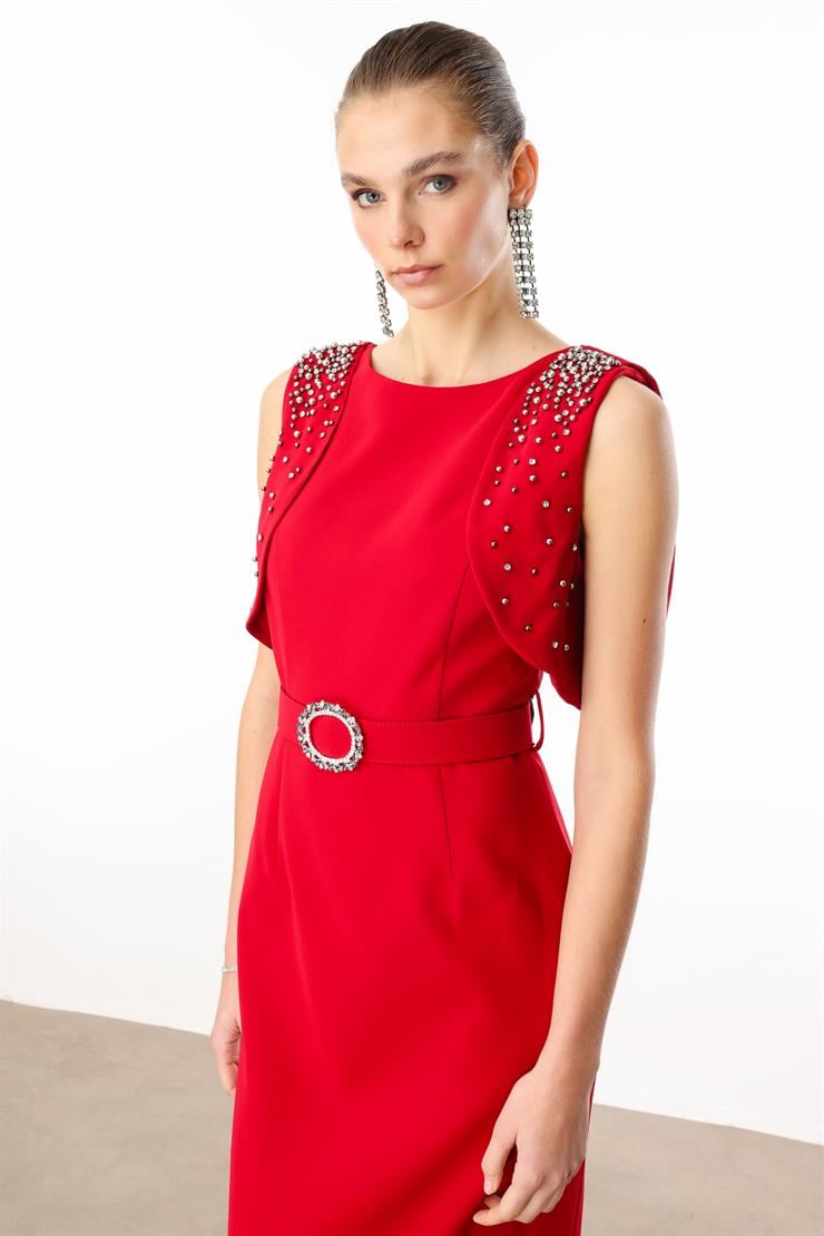 Modailgi  Omuzları İnci Detaylı Elbise Kırmızı