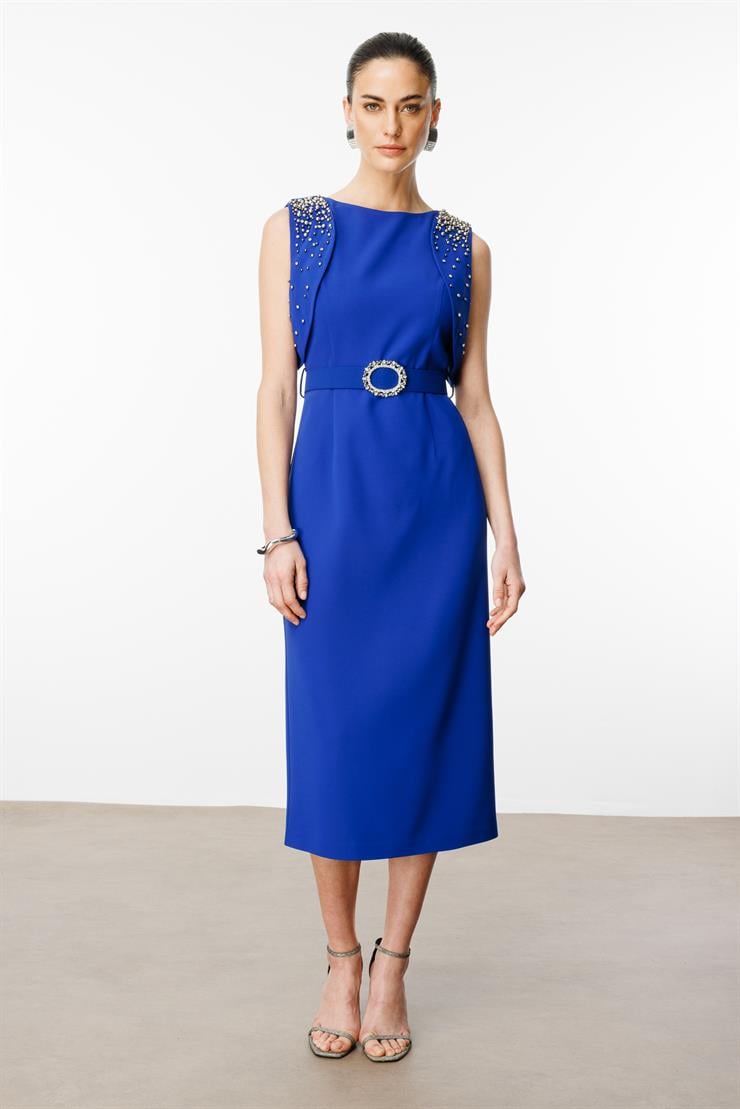 Modailgi  Omuzları İnci Detaylı Elbise Saks