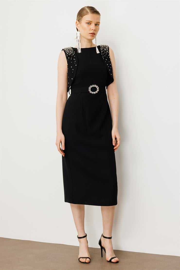 Modailgi  Omuzları İnci Detaylı Elbise Siyah