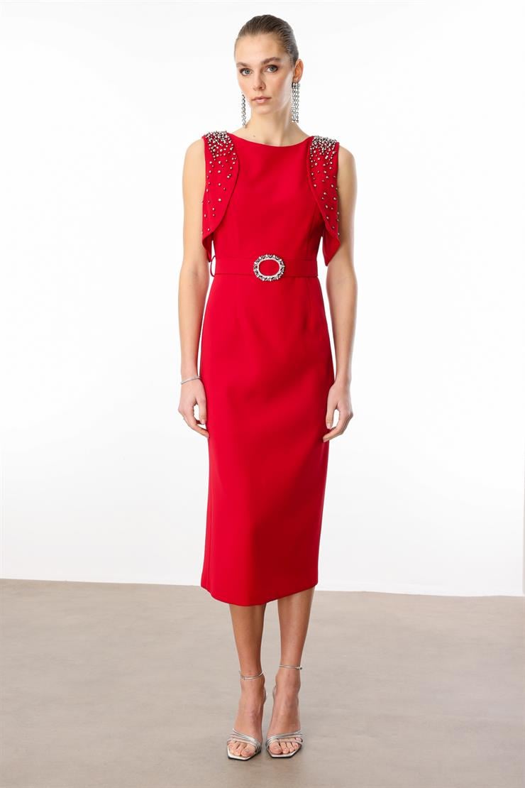 Modailgi  Omuzları İnci Detaylı Elbise Kırmızı