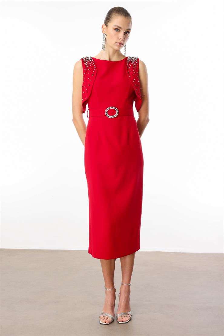 Modailgi  Omuzları İnci Detaylı Elbise Kırmızı