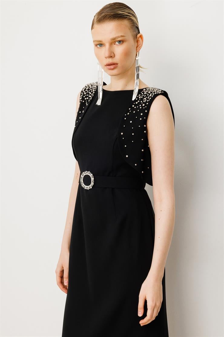 Modailgi  Omuzları İnci Detaylı Elbise Siyah