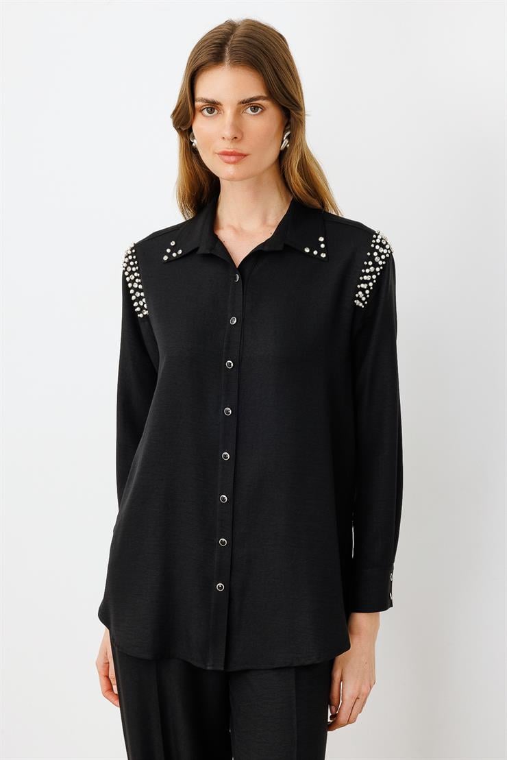 Modailgi  Omuzları İşlemeli Rahat Kesim Gömlek Siyah