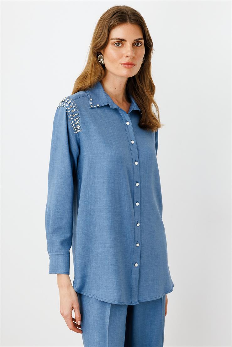 Modailgi  Omuzları İşlemeli Rahat Kesim Gömlek İndigo