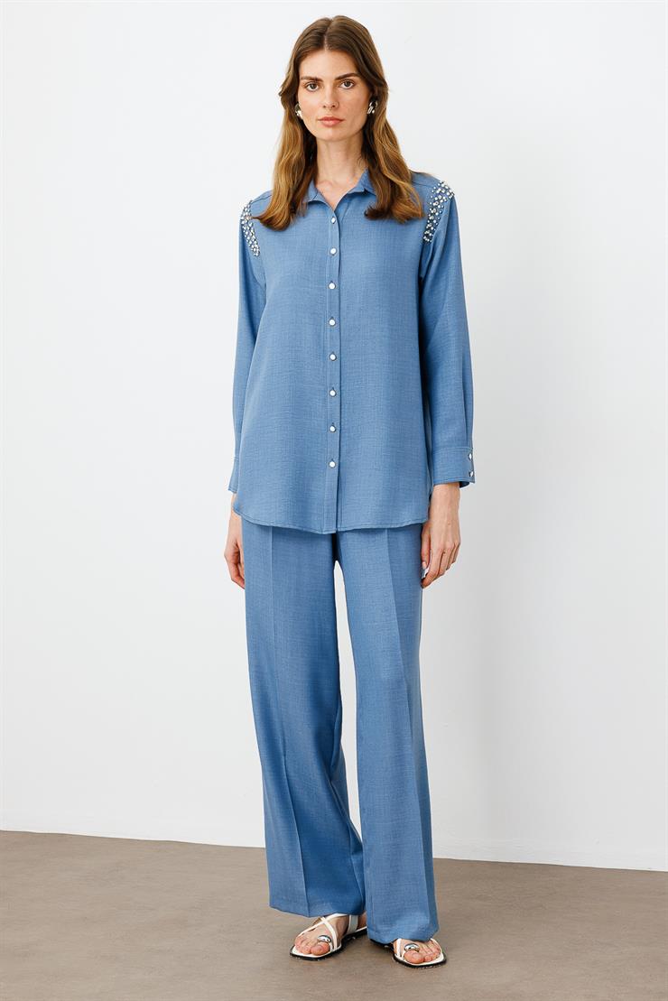 Modailgi  Omuzları İşlemeli Rahat Kesim Gömlek İndigo