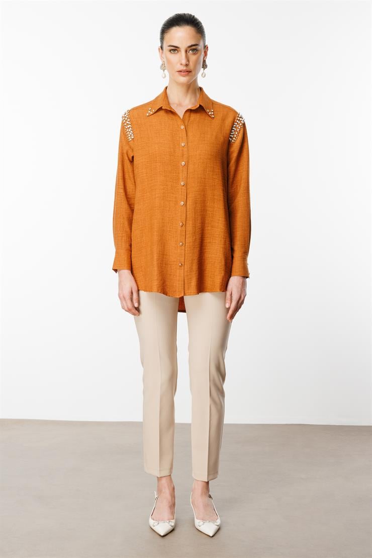 Modailgi  Omuzları İşlemeli Rahat Kesim Gömlek Tarçın