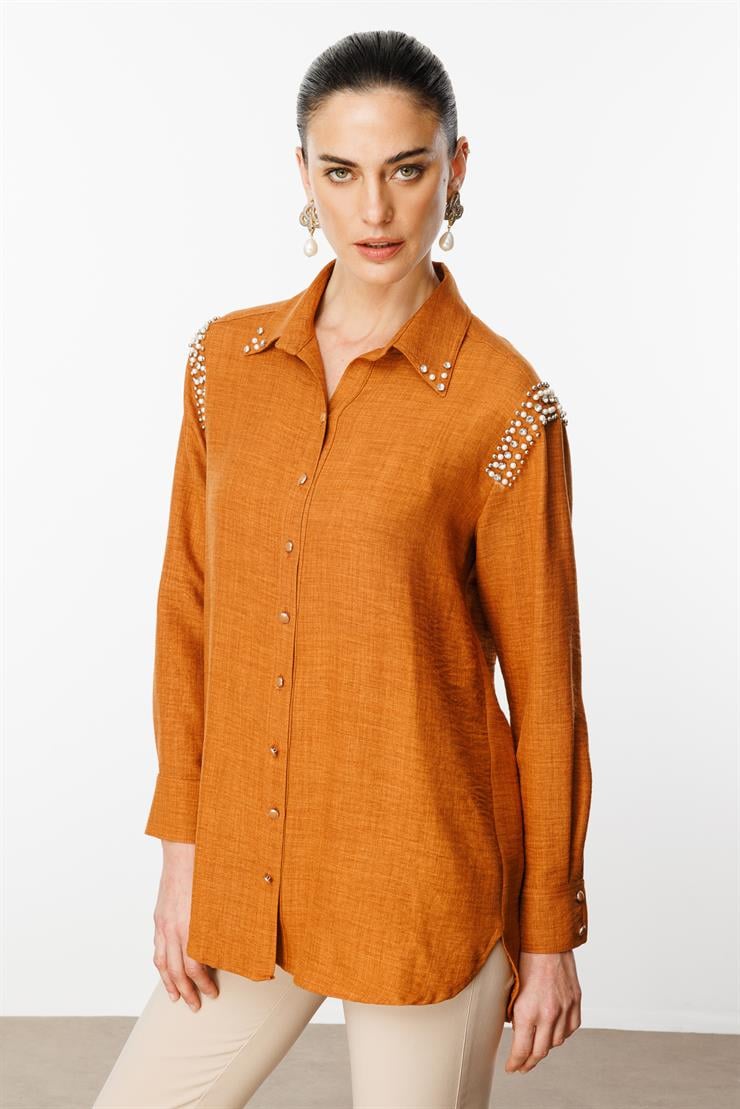 Modailgi  Omuzları İşlemeli Rahat Kesim Gömlek Tarçın