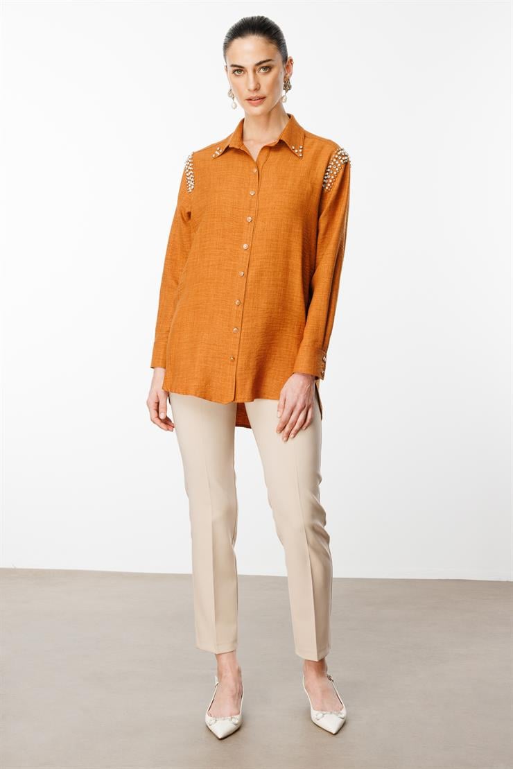 Modailgi  Omuzları İşlemeli Rahat Kesim Gömlek Tarçın