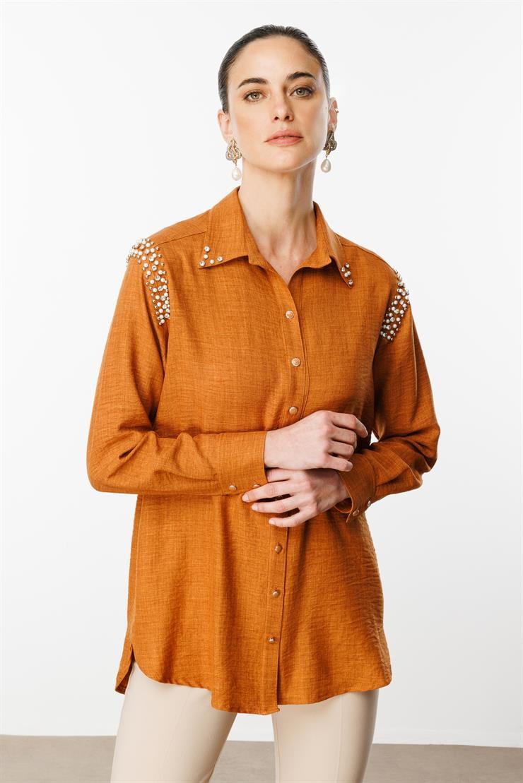 Modailgi  Omuzları İşlemeli Rahat Kesim Gömlek Tarçın