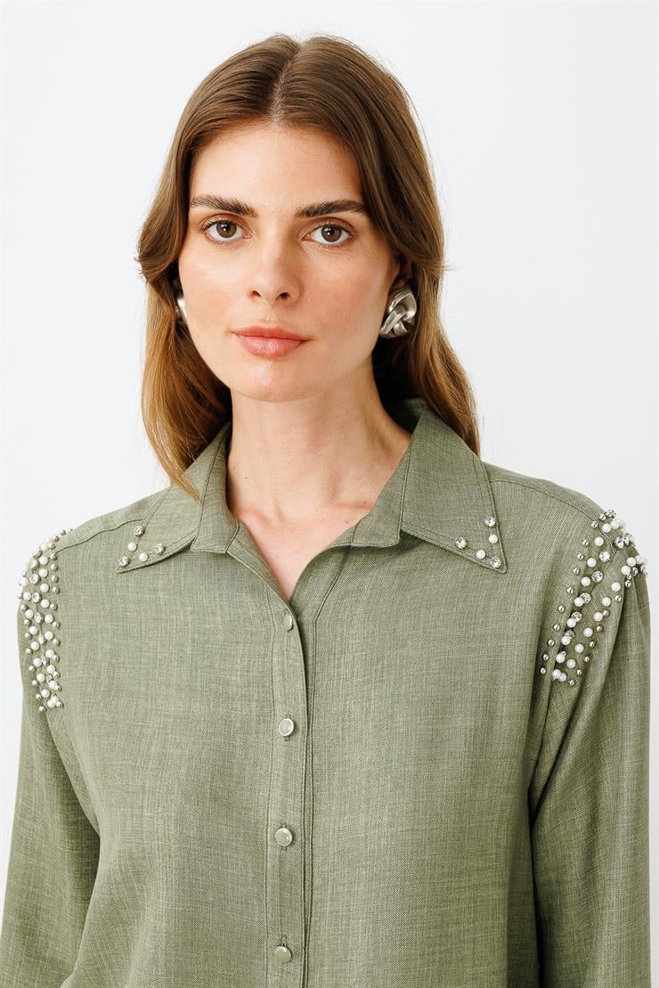 Modailgi  Omuzları İşlemeli Rahat Kesim Gömlek Haki