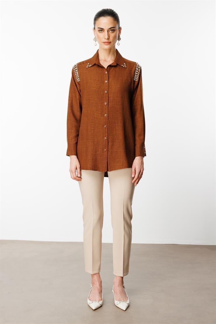 Modailgi  Omuzları İşlemeli Rahat Kesim Gömlek Kahve