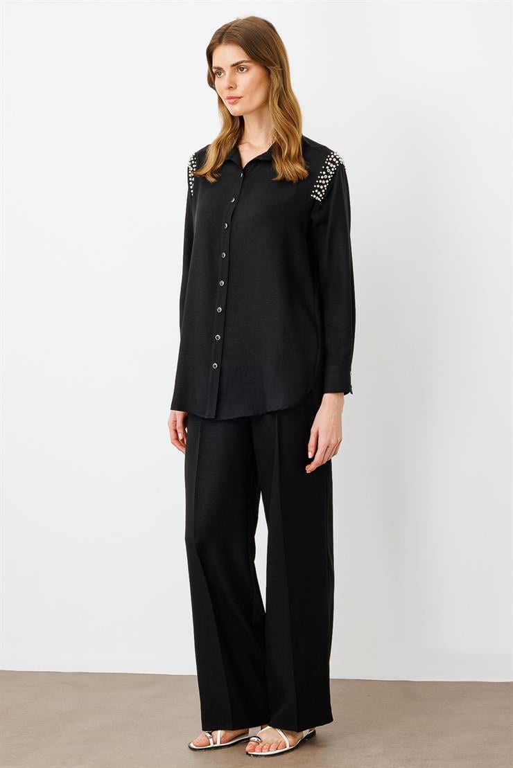 Modailgi  Omuzları İşlemeli Rahat Kesim Gömlek Siyah