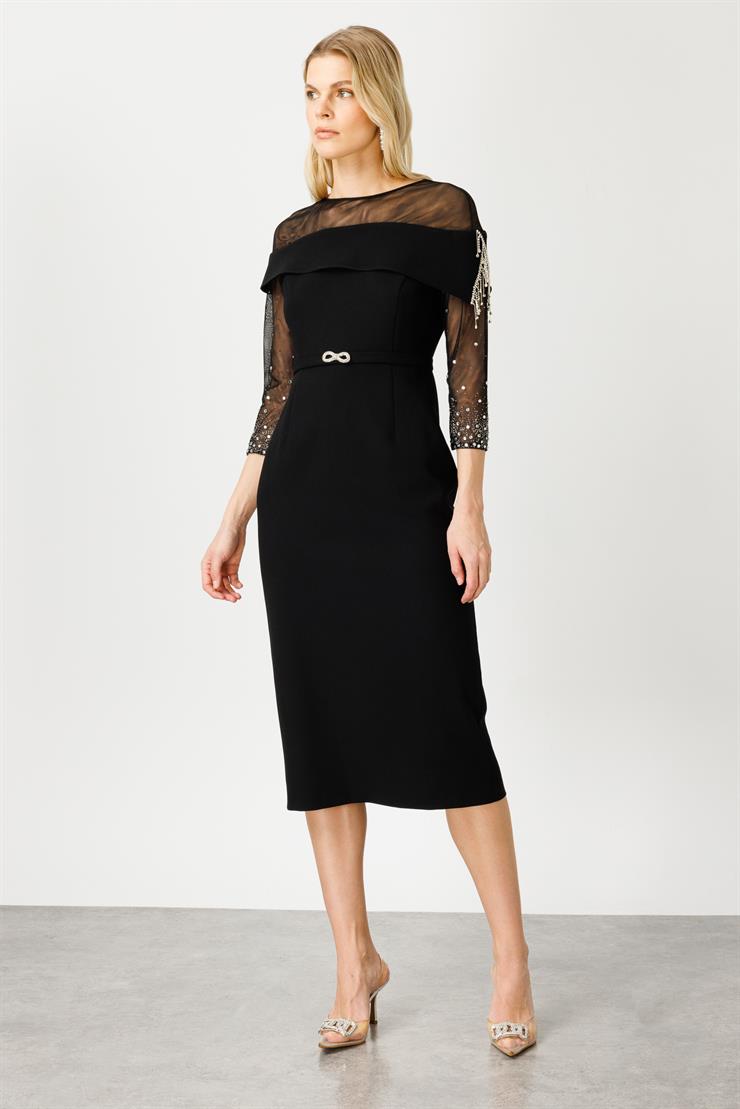 Modailgi  Omuzları Kolları Taşlı ve Tüllü Elbise Siyah