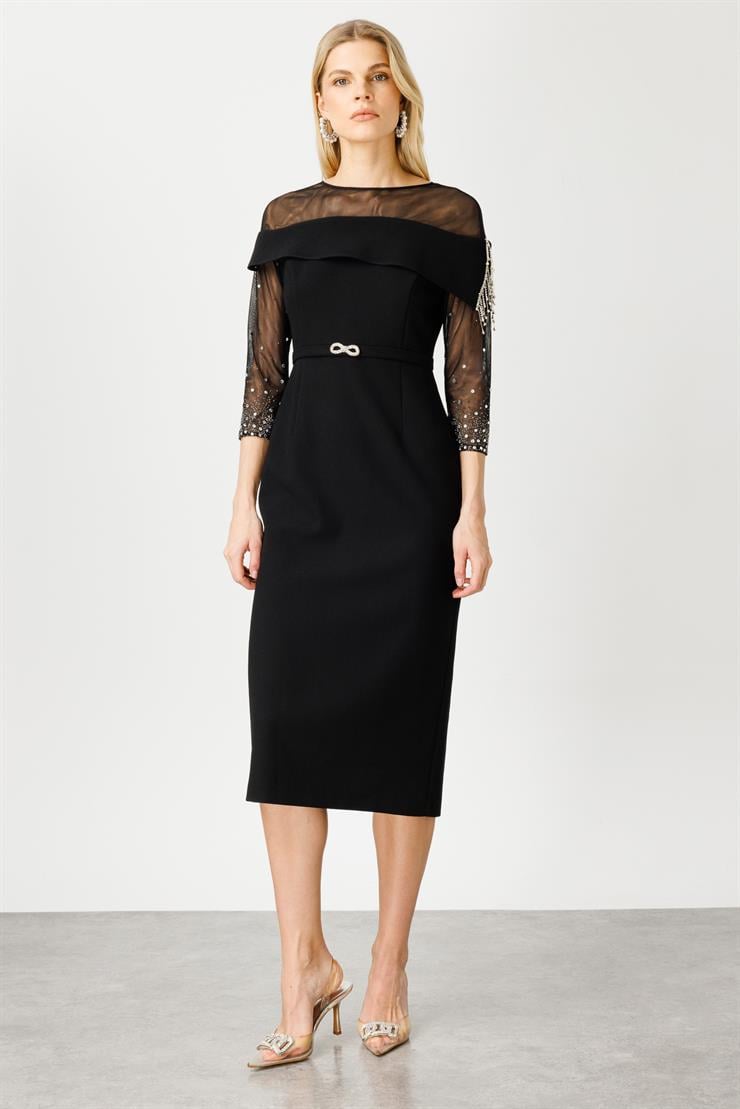 Modailgi  Omuzları Kolları Taşlı ve Tüllü Elbise Siyah