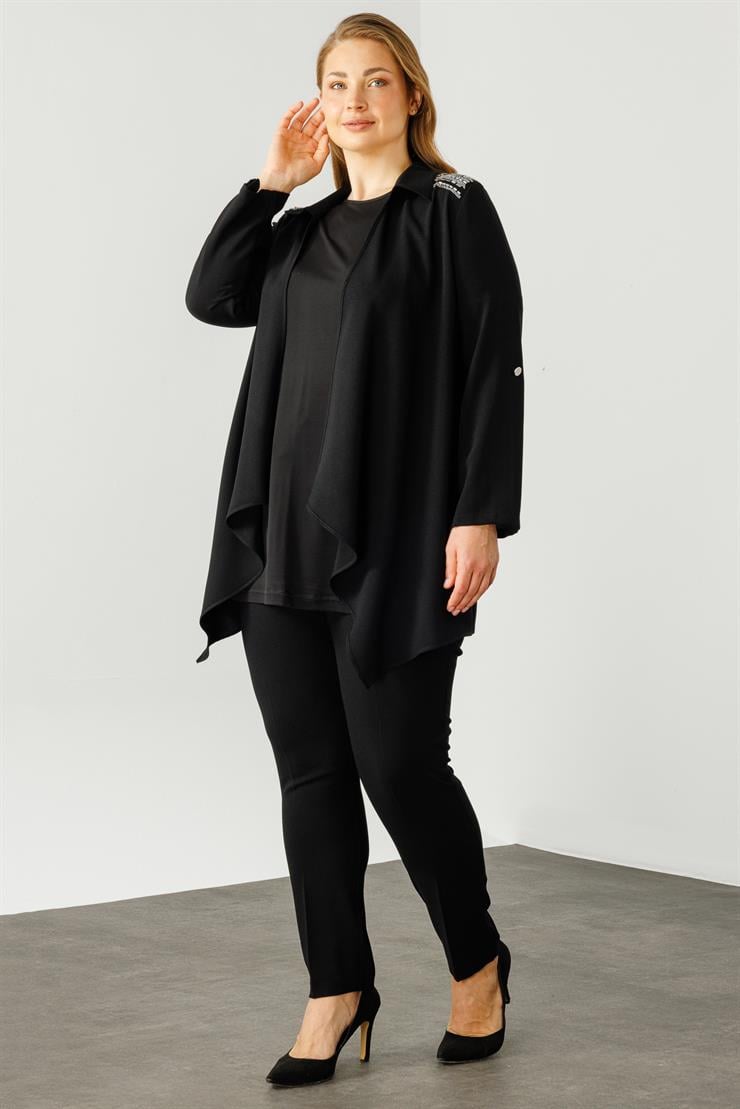 Modailgi  Omuzları Taşlı Gömlek Yaka İkili Takım Siyah