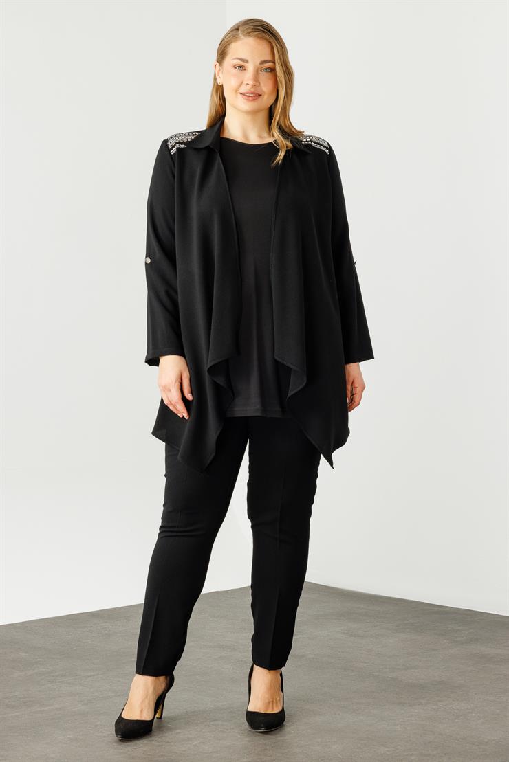 Modailgi  Omuzları Taşlı Gömlek Yaka İkili Takım Siyah