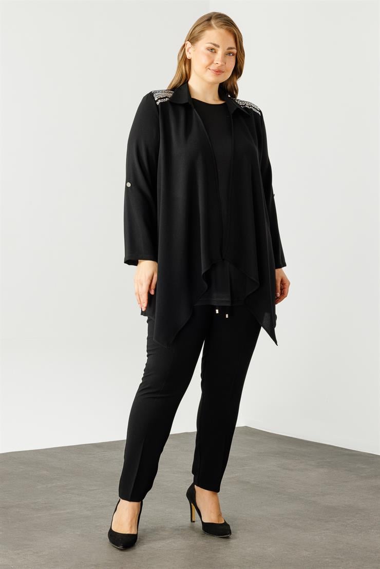 Modailgi  Omuzları Taşlı Gömlek Yaka İkili Takım Siyah