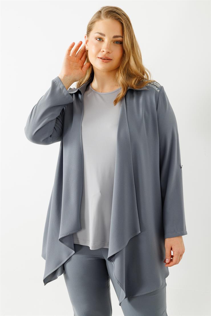 Modailgi  Omuzları Taşlı Gömlek Yaka İkili Takım Gri