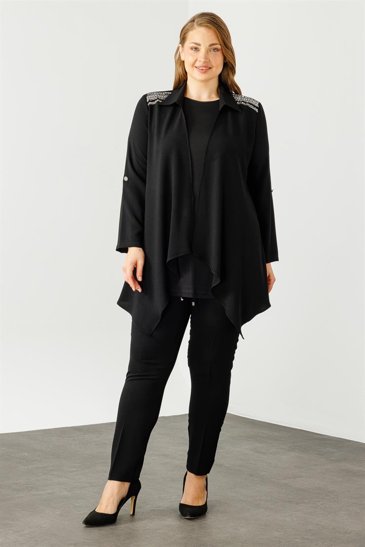 Modailgi  Omuzları Taşlı Gömlek Yaka İkili Takım Siyah