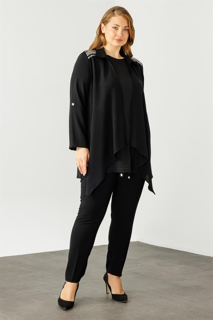 Modailgi  Omuzları Taşlı Gömlek Yaka İkili Takım Siyah