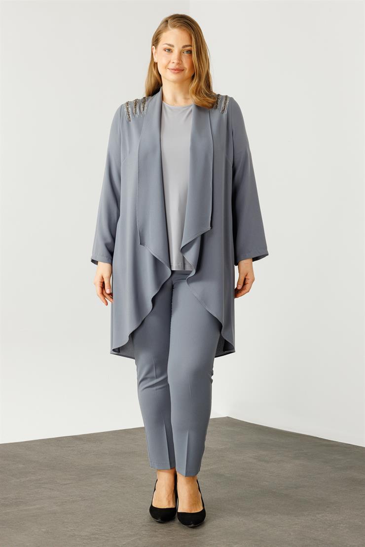Modailgi  Omuzları Taşlı Şal Yaka İkili Takım Gri