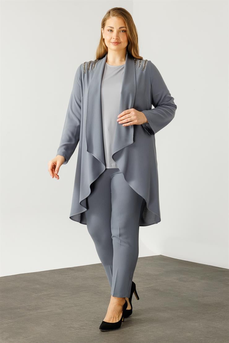 Modailgi  Omuzları Taşlı Şal Yaka İkili Takım Gri