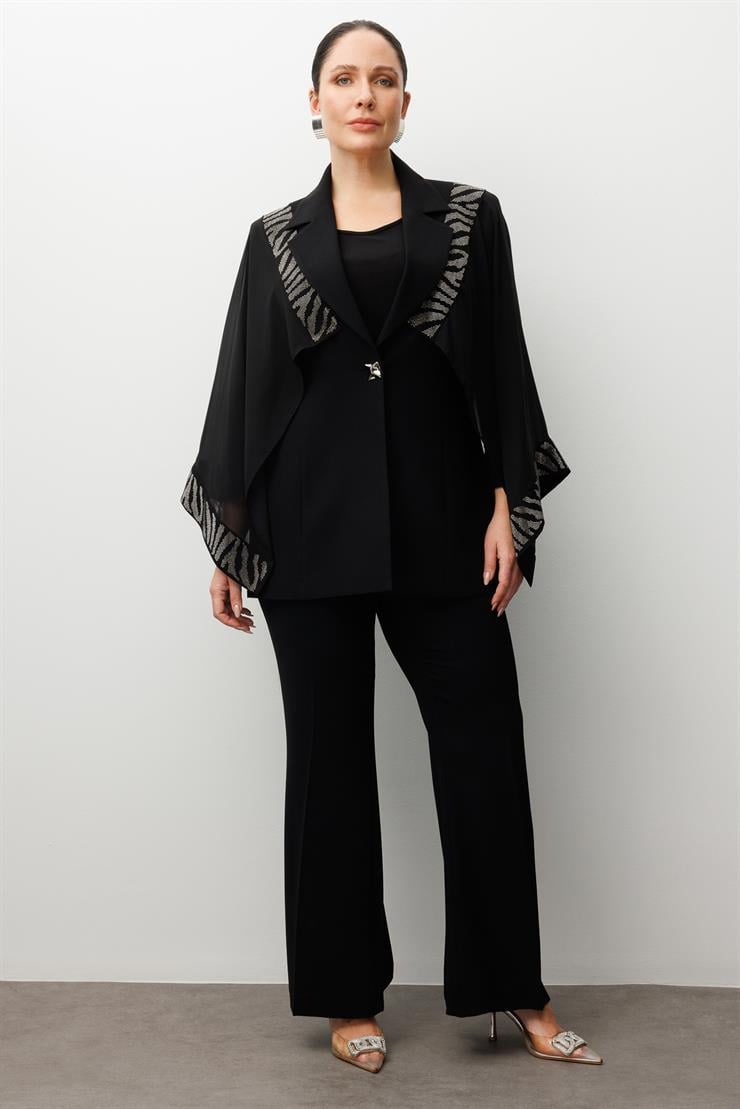Modailgi  Omuzları Ve Kolları Taş Detaylı Pelerin Kol Ceket - 30057 Siyah