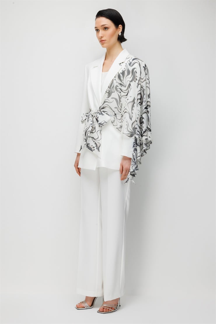 Modailgi  Omzu Desenli Şifon Kumaş Beli Kuşaklı Ceket - 45042 Ekru