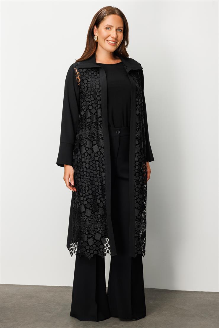 Modailgi  Ön Beden Güpür Dantelli İkili Uzun Kap Siyah