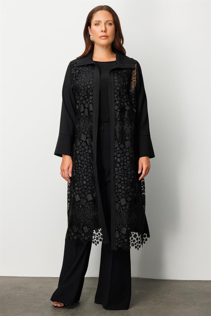 Modailgi  Ön Beden Güpür Dantelli İkili Uzun Kap Siyah