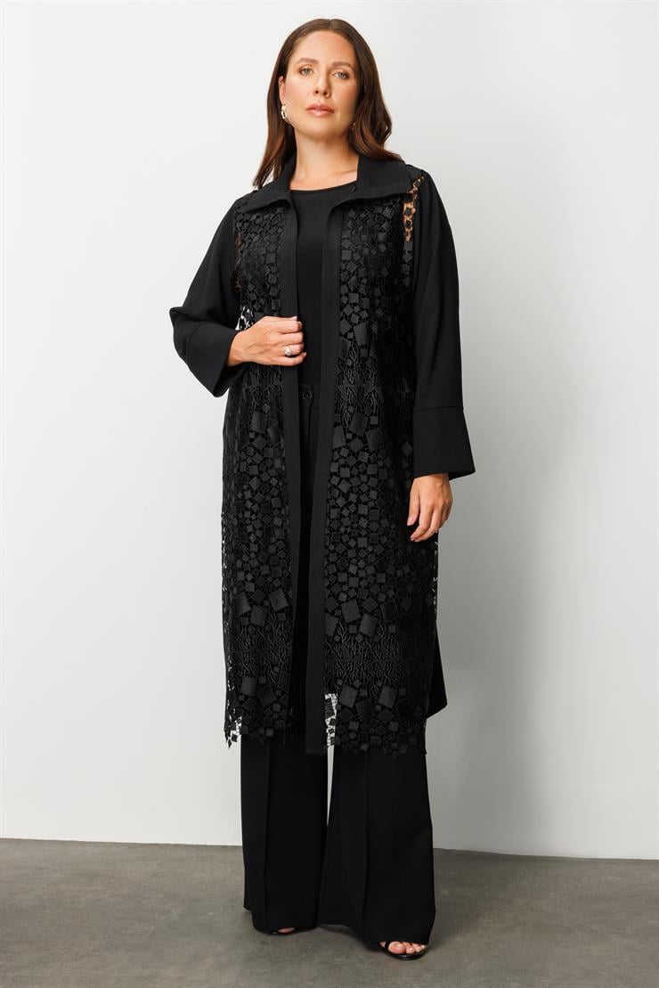 Modailgi  Ön Beden Güpür Dantelli İkili Uzun Kap Siyah