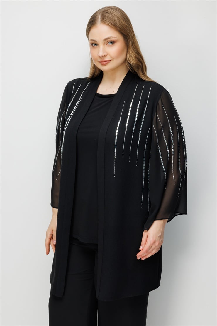 Modailgi  Ön Beden ve Kolları Taş Detaylı İkili Takım Siyah