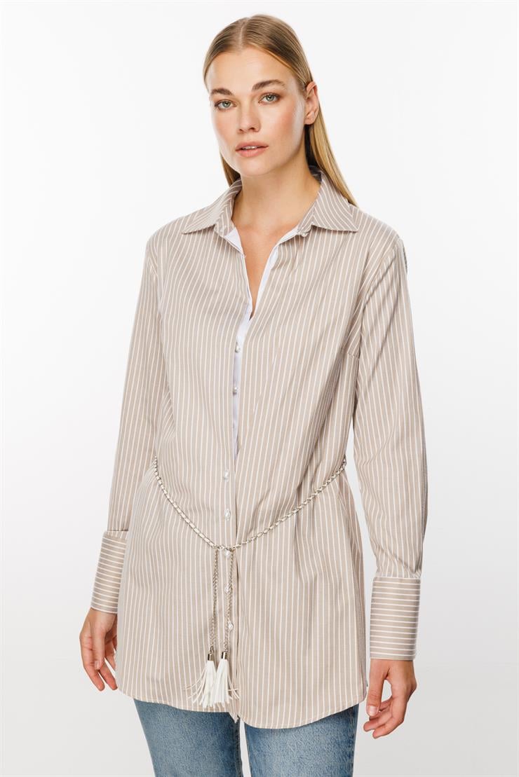 Modailgi  Ön Bedeni Çift Katlı Çizgili Tunik Vizon