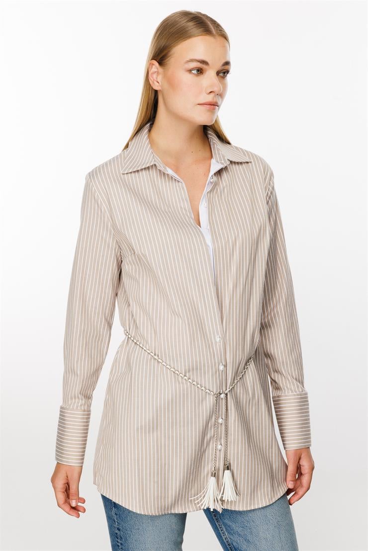 Modailgi  Ön Bedeni Çift Katlı Çizgili Tunik Vizon