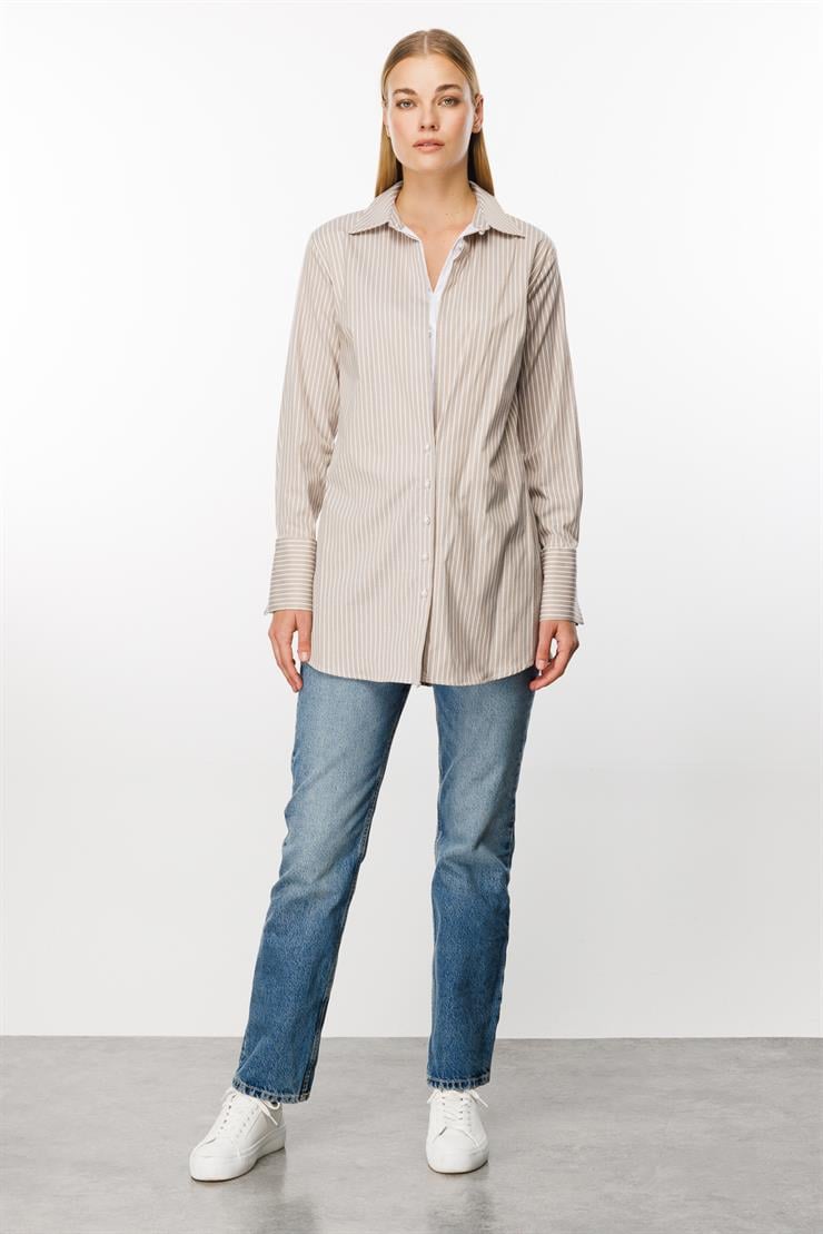 Modailgi  Ön Bedeni Çift Katlı Çizgili Tunik Vizon