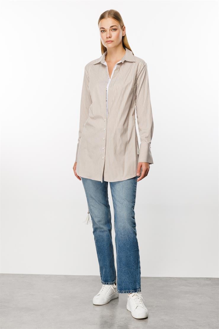 Modailgi  Ön Bedeni Çift Katlı Çizgili Tunik Vizon