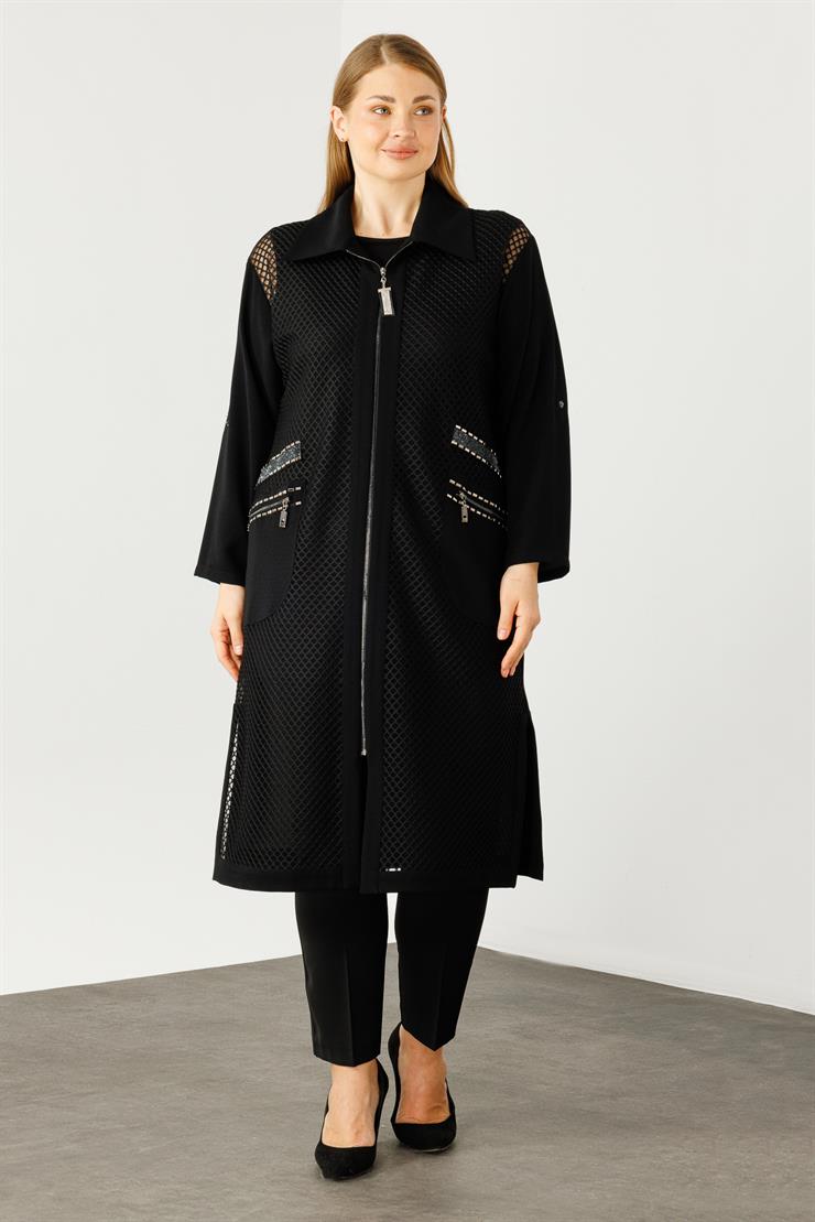 Modailgi  Ön Bedeni Fileli Taş Detaylı Kap Siyah