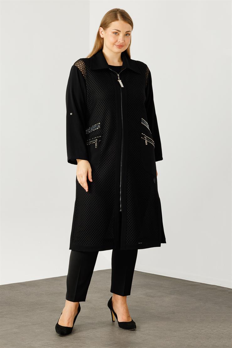 Modailgi  Ön Bedeni Fileli Taş Detaylı Kap Siyah