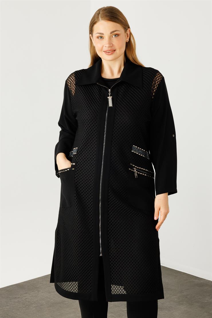 Modailgi  Ön Bedeni Fileli Taş Detaylı Kap Siyah