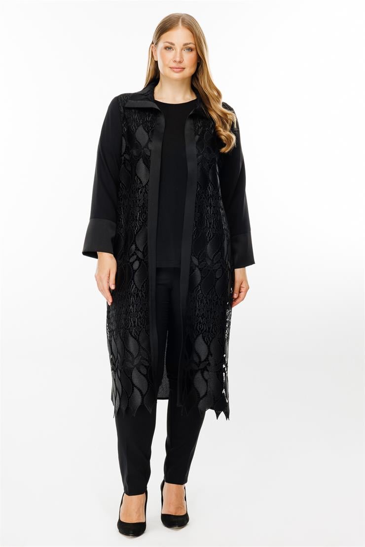 Modailgi  Ön Bedeni Güpür Dantelli İkili Uzun Kap Siyah