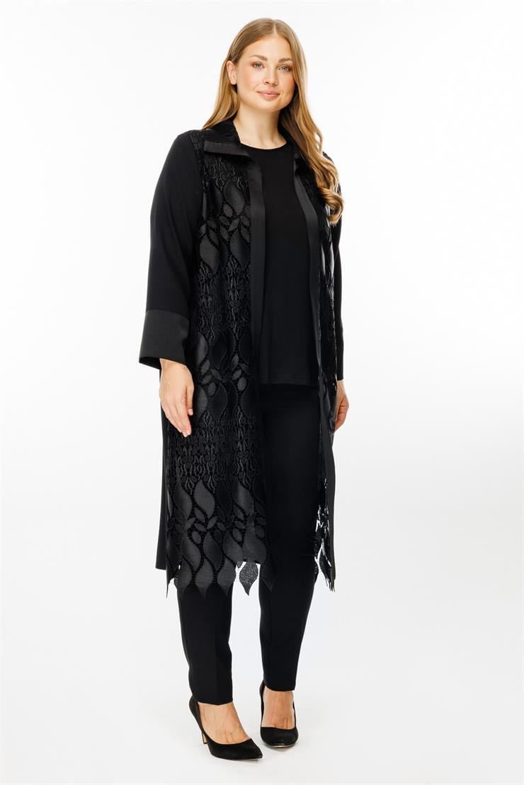 Modailgi  Ön Bedeni Güpür Dantelli İkili Uzun Kap Siyah