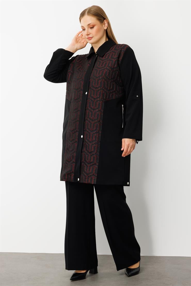 Modailgi  Ön Kapama Çıtçıtlı Fermuarlı Gofre Kumaş Tunik Bordo