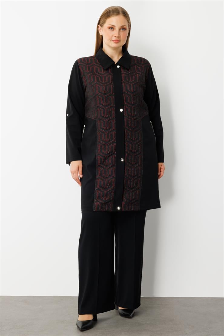 Modailgi  Ön Kapama Çıtçıtlı Fermuarlı Gofre Kumaş Tunik Bordo