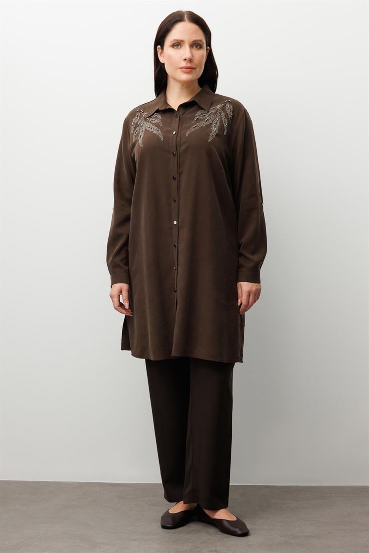 Modailgi  Ön Robaları Yaprak Desenli Taş Tunik Kahve