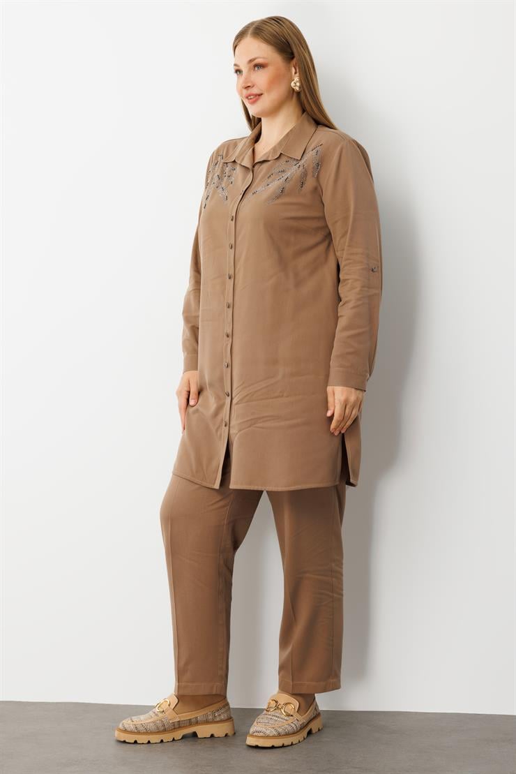 Modailgi  Ön Robaları Yaprak Desenli Taş Tunik Vizon