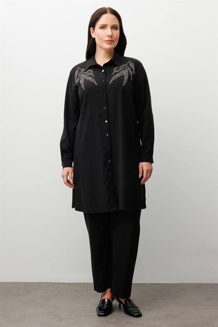 Modailgi  Ön Robaları Yaprak Desenli Taş Tunik Siyah