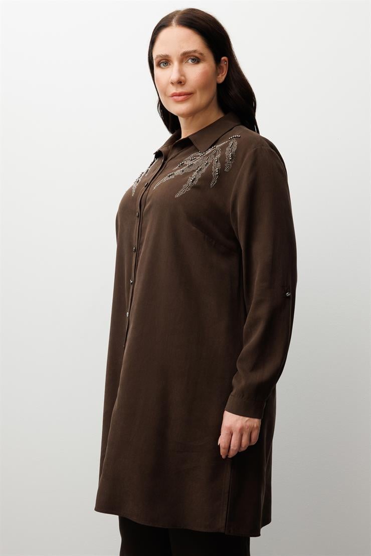 Modailgi  Ön Robaları Yaprak Desenli Taş Tunik Kahve