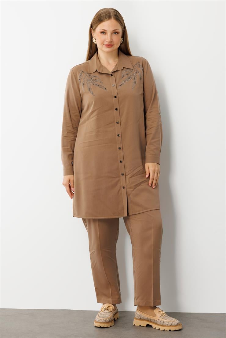 Modailgi  Ön Robaları Yaprak Desenli Taş Tunik Vizon