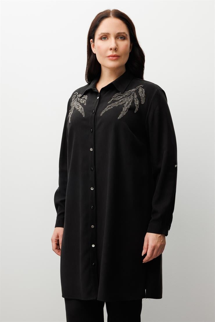 Modailgi  Ön Robaları Yaprak Desenli Taş Tunik Siyah