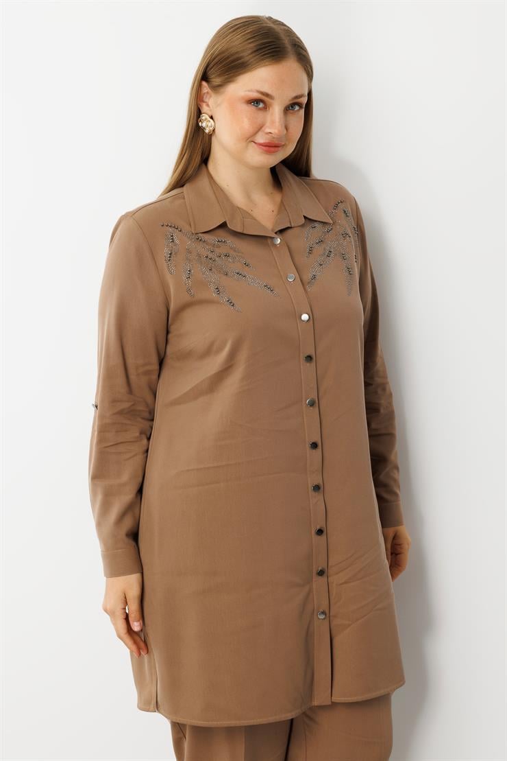 Modailgi  Ön Robaları Yaprak Desenli Taş Tunik Vizon